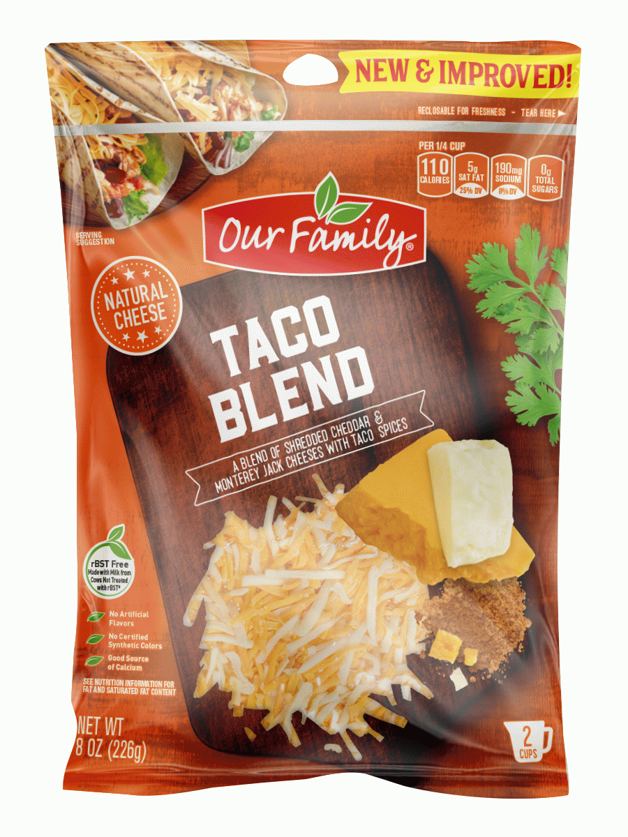 Our Family Natural taco blend; cheddar, monterey jack shredded cheeses with taco spices Full-Size Picture